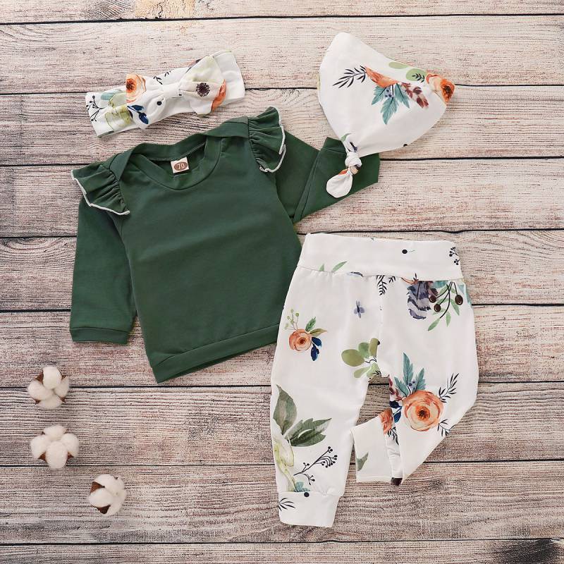 Set quần áo dài tay + mũ + băng đô nơ chất vải cotton in hoa đáng yêu cho bé gái