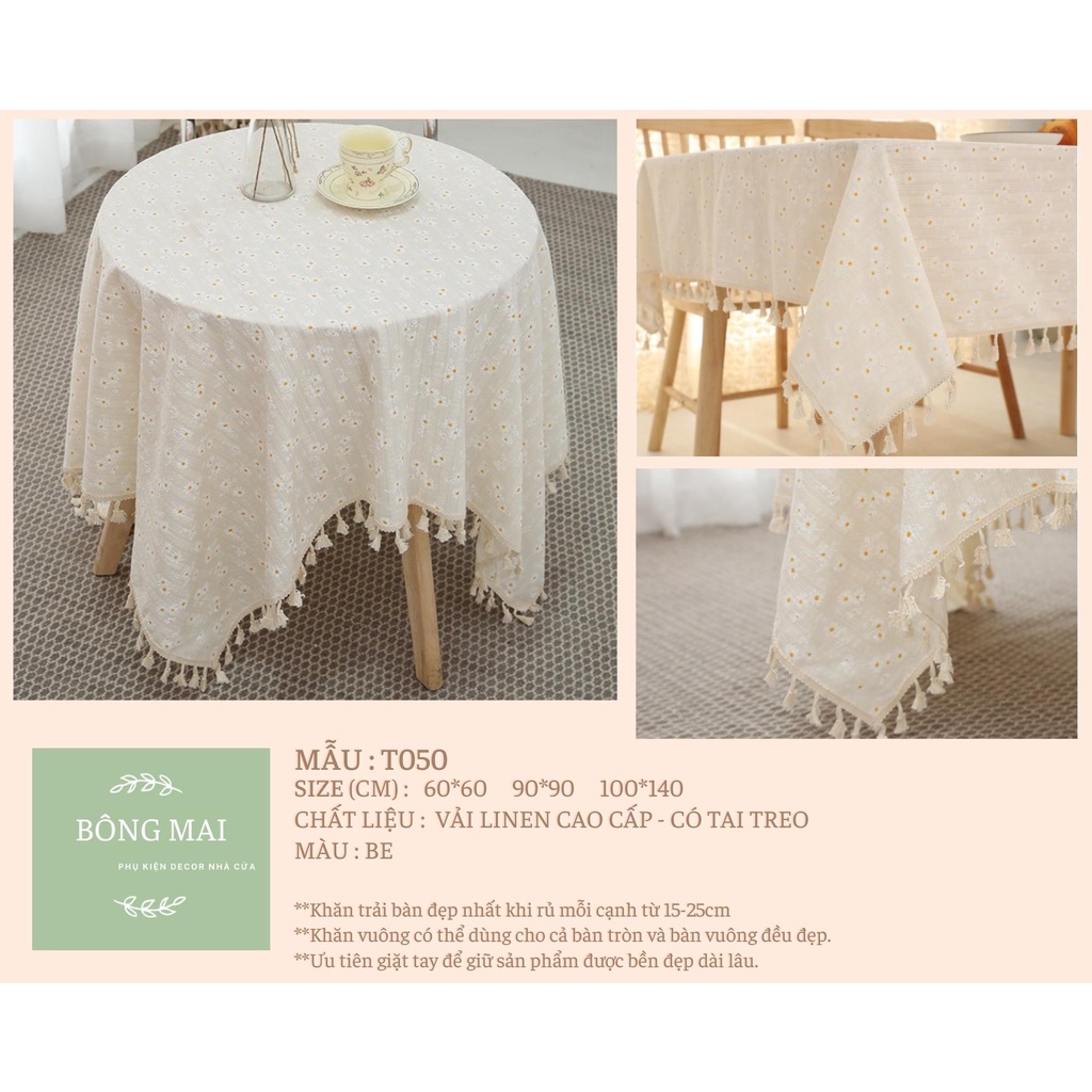 [100*140cm] Khăn trải bàn vải linen họa tiết hoa cúc có tai treo phong cách vintage cổ điển [T050]