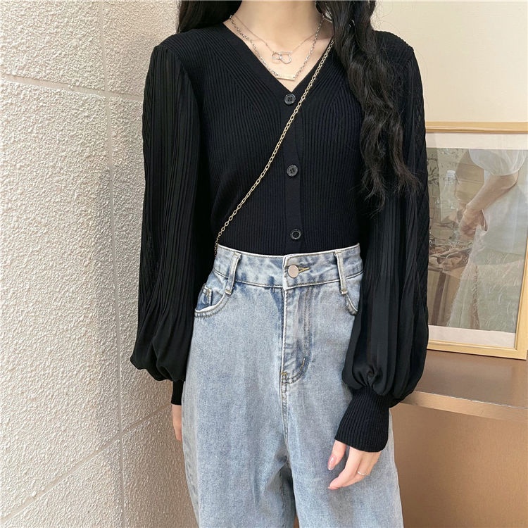 Áo tay phồng cổ chữ V kiểu dáng thời trang Hàn Quốc dành cho nữ