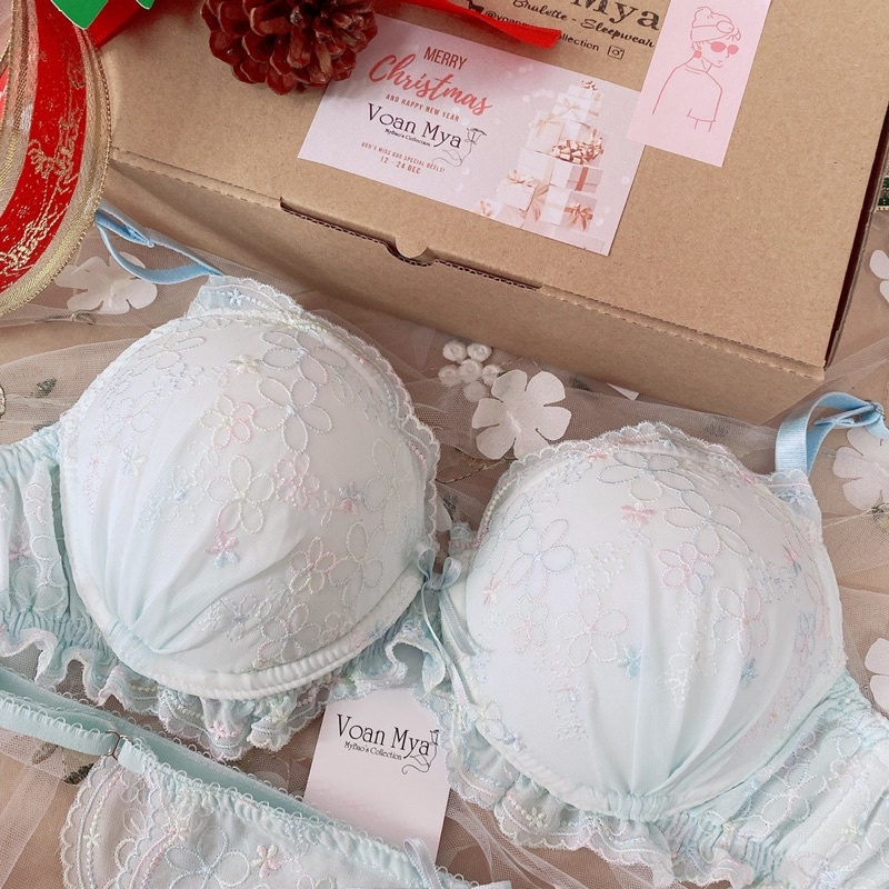 Áo Ngực - Áo lót mút vừa có gọng- Ren hoa màu xanh pastel - VoanMya - Pastel Bralette - R112