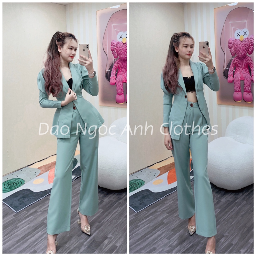 Set vest tay dài một nút chít eo kèm quần tây chất kaki thun siêu thoáng mát, thoải mái