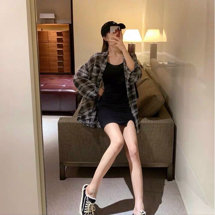 Set Váy 2 dây kèm áo khoác sơ mi caro 🌸FREESHIP🌸 Đầm nữ 2 dây vải umi dày dặn kết hợp kate siêu hút mắt, hot trend | BigBuy360 - bigbuy360.vn