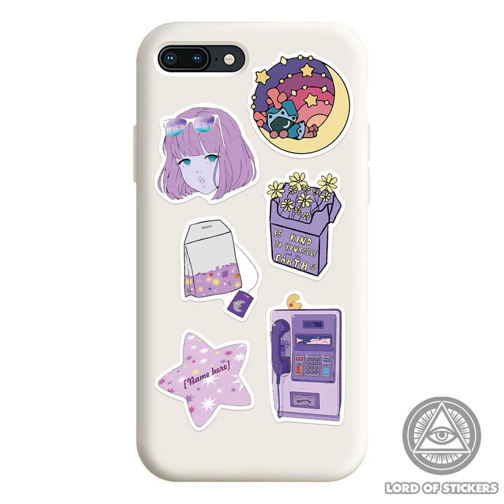 Set 50 Nhãn Dán Hoạt Hình Cute Sticker Tông Màu Tím Pastel Chống Thấm Nước Dễ Thương Trang Trí Mũ Bảo Hiểm, Laptop, Sổ
