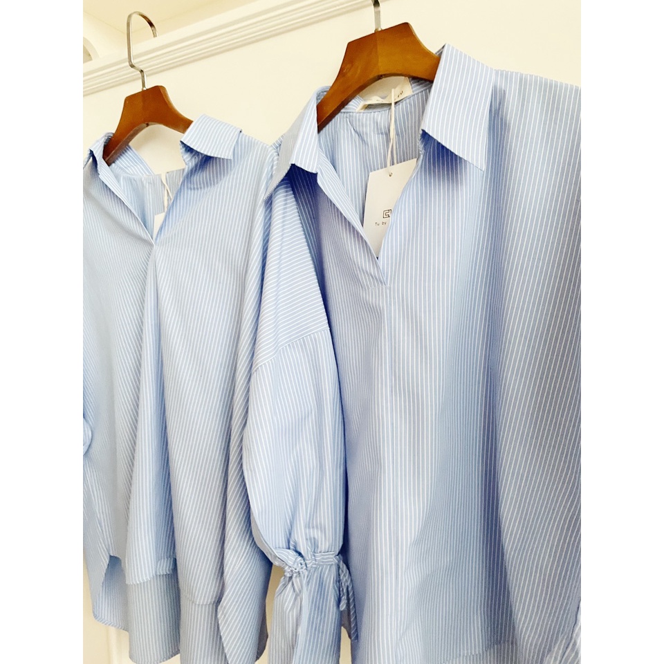 TUBYCATU | Áo sơ mi sọc xanh tay cột dây
