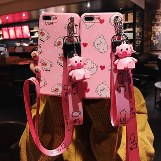 Ốp điện thoại màu hồng dễ thương Pink Pig có dây đeo cho IPhone 6/6s/7/8 6/6s/7/8 plus X/XS/XR XS Max
