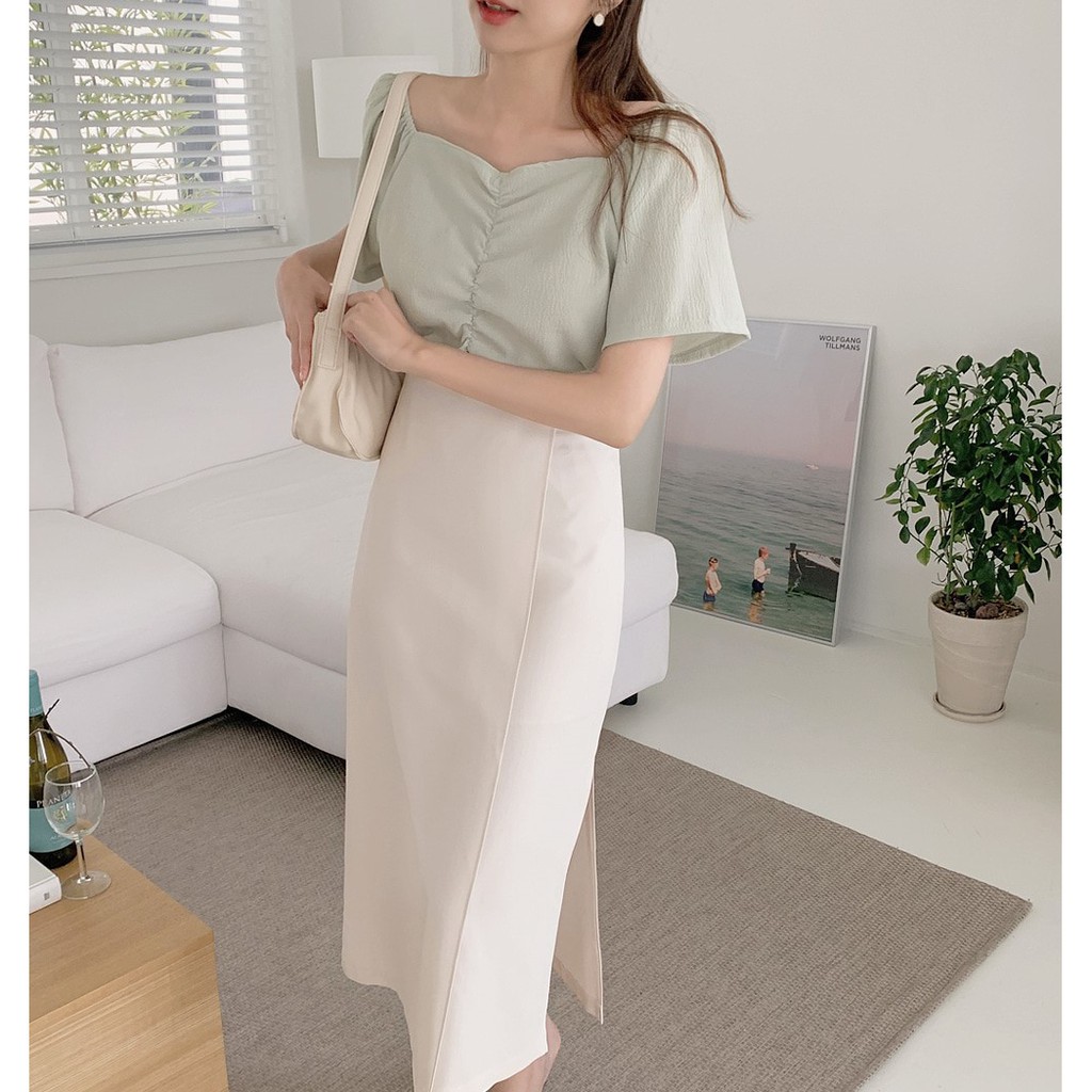 Áo sơ mi cổ chữ V tay ngắn/ chân váy dài xẻ tà 44625 phong cách Hàn Quốc dành cho nữ