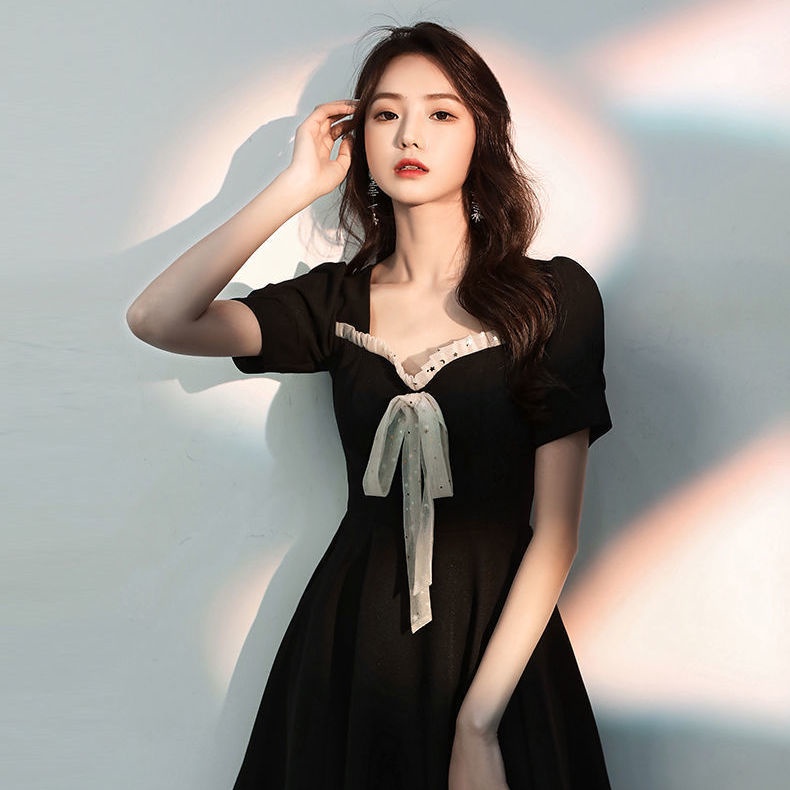 Đầm Chữ A Tay Ngắn Cổ Vuông Phối Lưới Phong Cách Pháp Thời Trang Mùa Hè Cho Nữ