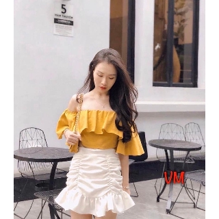 SÉT ÁO TRỄ VAI BÈO VÀNG MIX CHÂN VÁY NHÚN