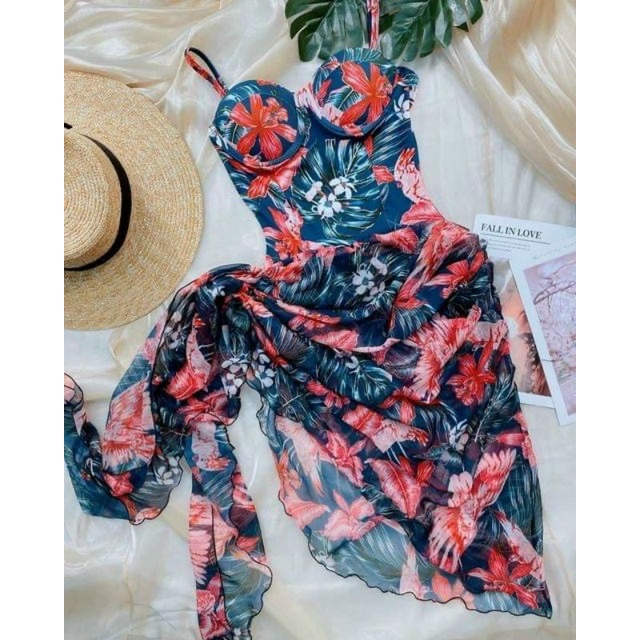 Set bikini đồ bơi bộ bơi nữ đi biển liền thân gọng nâng ngực họa tiết hoa kèm khăn voan siêu sang chảnh EVA LTGHK