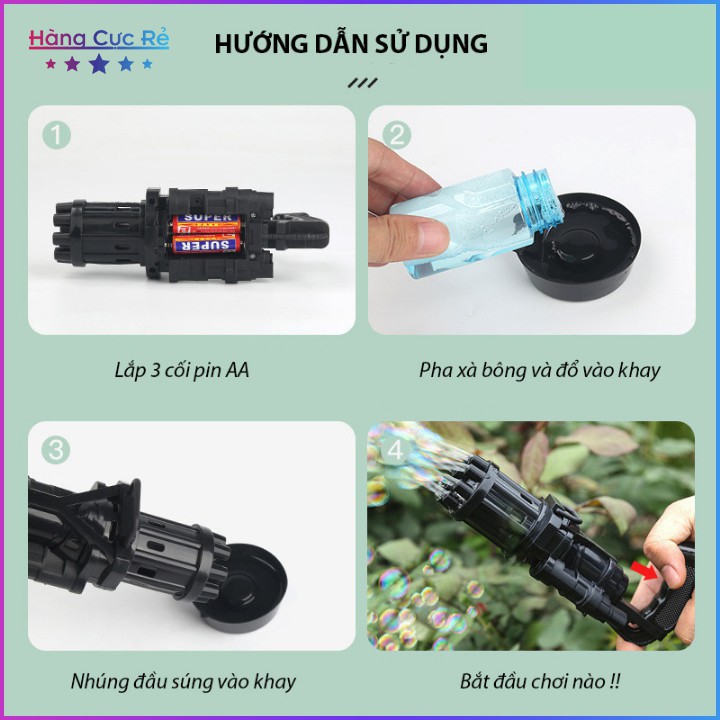 Súng bắn bong bóng xà phòng - Bộ gồm Máy thổi bóng 8 nòng, Khay đựng, Gói tạo bọt bóng, 3 Pin AA - Shop Hàng Cực Rẻ