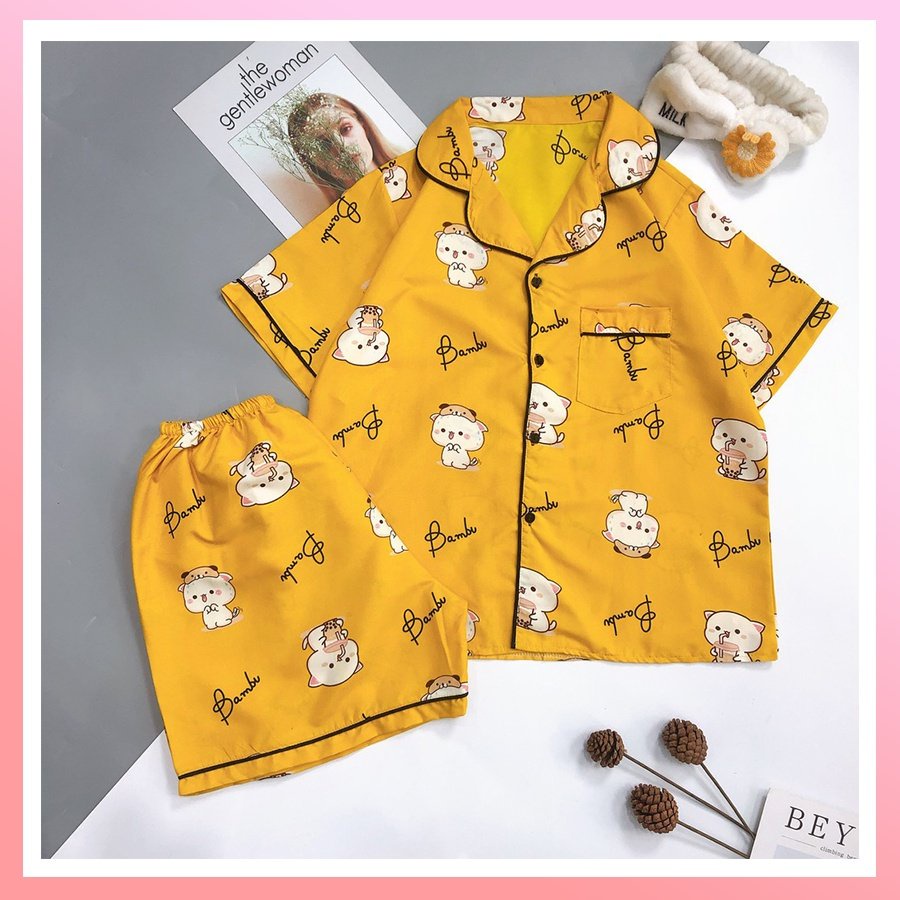 Đồ bộ nữ pijama mặc nhà, bộ ngủ cộc tay vải kate thái thô mềm mùa hè kèm ảnh+ video thật HE07