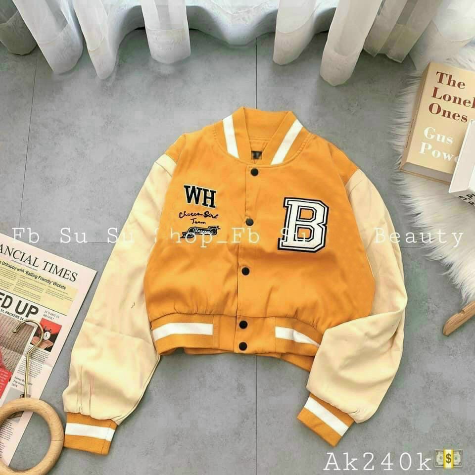 ÁO KHOÁC NỮ BOMBER KIỂU CROPTOP LỬNG CHẤT NỈ NÚT HOẠ TIẾT THÊU CHỮ B