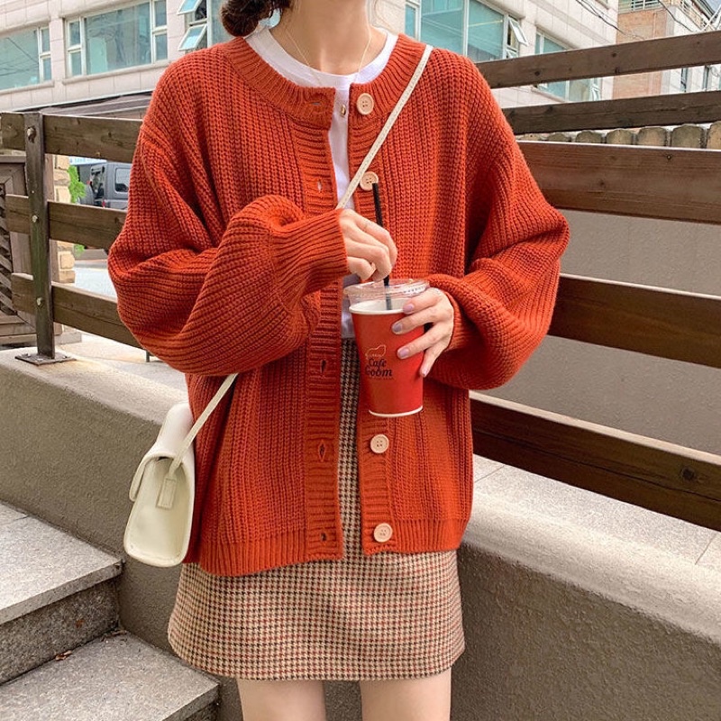 Áo Len Cổ Tròn, Áo Len Cardigan dài tay đủ màu dáng rộng hoạ tiết trơn phong cách Ulzzang