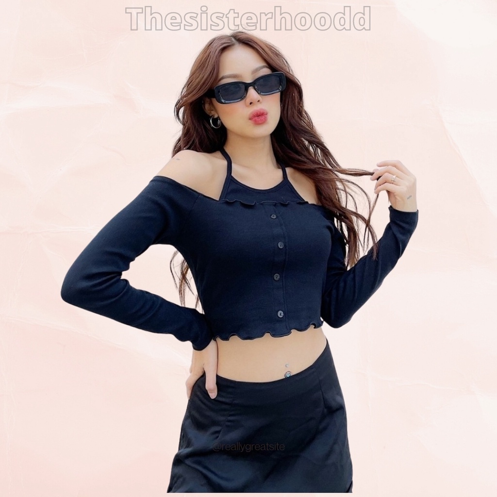 Áo Croptop Cổ Yếm Cột Dây Dài Tay Dáng Ôm