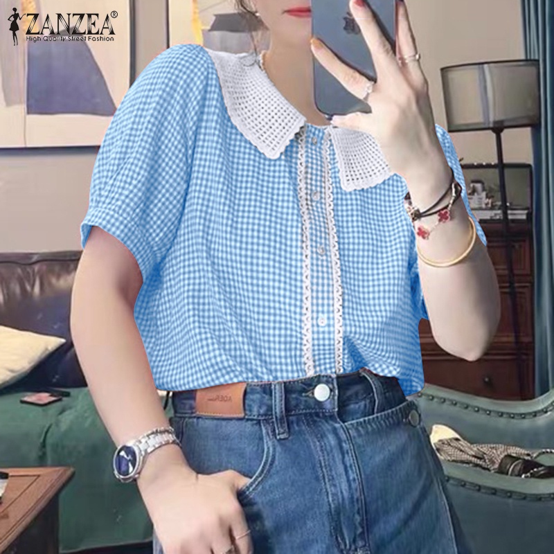 ZANZEA Women Sweet Plaid Doll Collar Stitching Lace Puff Short Sleeve Top