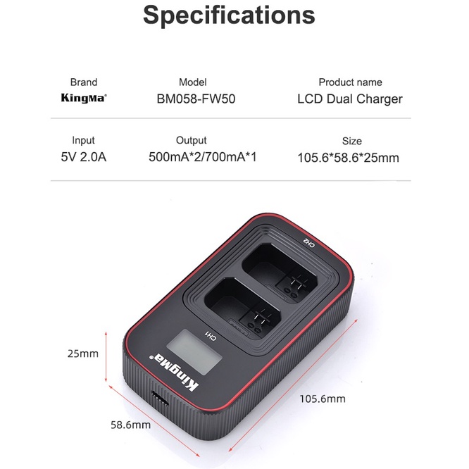 Pin sạc Kingma Ver 3 cho Sony NP-FW50 (Sạc nhanh - Cổng Type C)