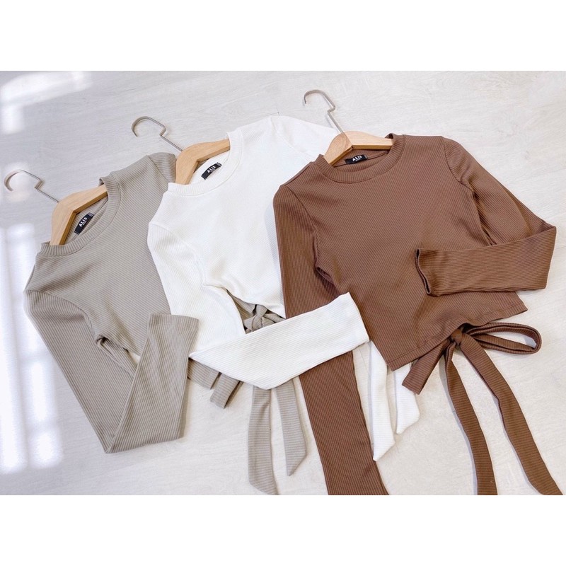 [THẮT NƠ] Áo Croptop Thun Gân Cotton Mát Min Tay Dài Cột Dây Sau Lưng Tuyệt Đẹp Crt Hở Lưng Thắt Nơ Cổ Tròn Có Mút Ngực