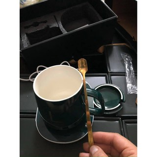 Bộ Đế Ly Hâm Nóng Giữ Nhiệt 55°C - Hâm Nóng Đồ Uống Tự Động, Ly Sứ Cao Cấp, Thìa vàng