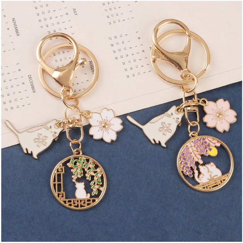 Móc Khóa Mặt Hình Mèo Và Hoa Bằng Hợp Kim Dễ Thương