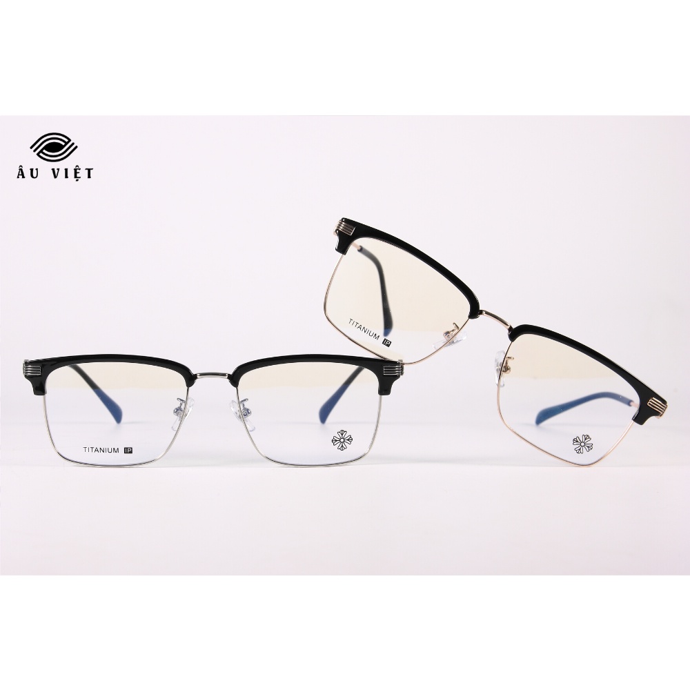 Gọng kính kim loại titanium Ch 7213 nam nữ unisex dáng chữ nhật vuông clubmaster màu vàng/bạc Full box
