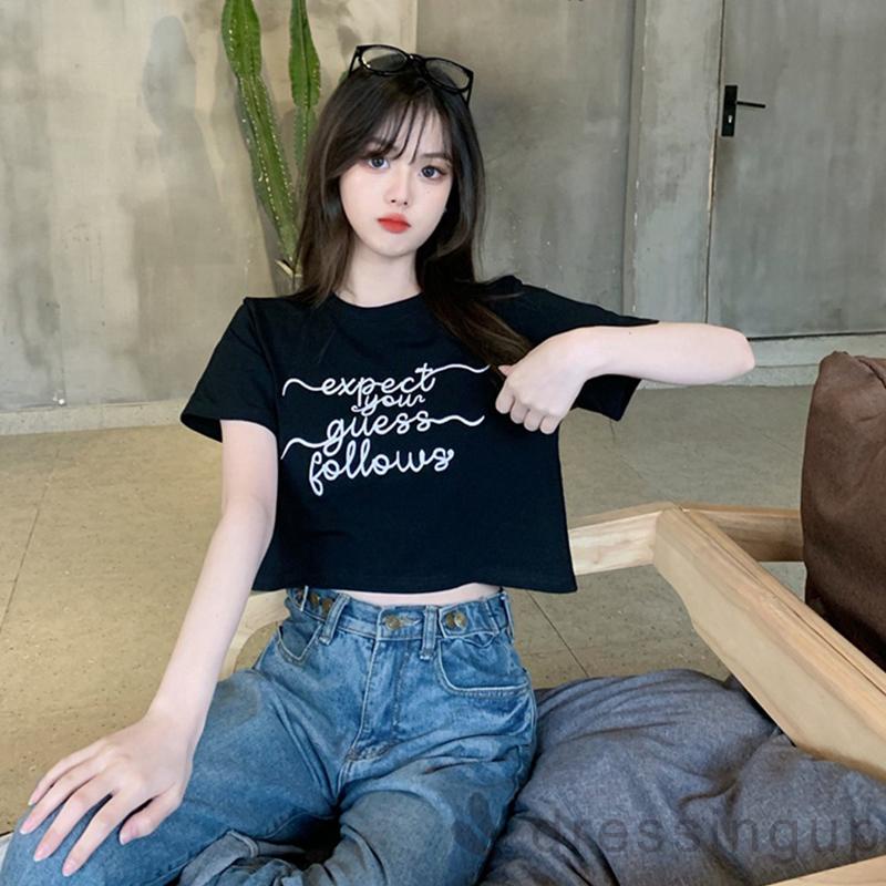 DRE-Women Loose Fit T-shirt, Letters Embroidery Pattern Round Neck Short Sleeve T-shirt, Black/ White