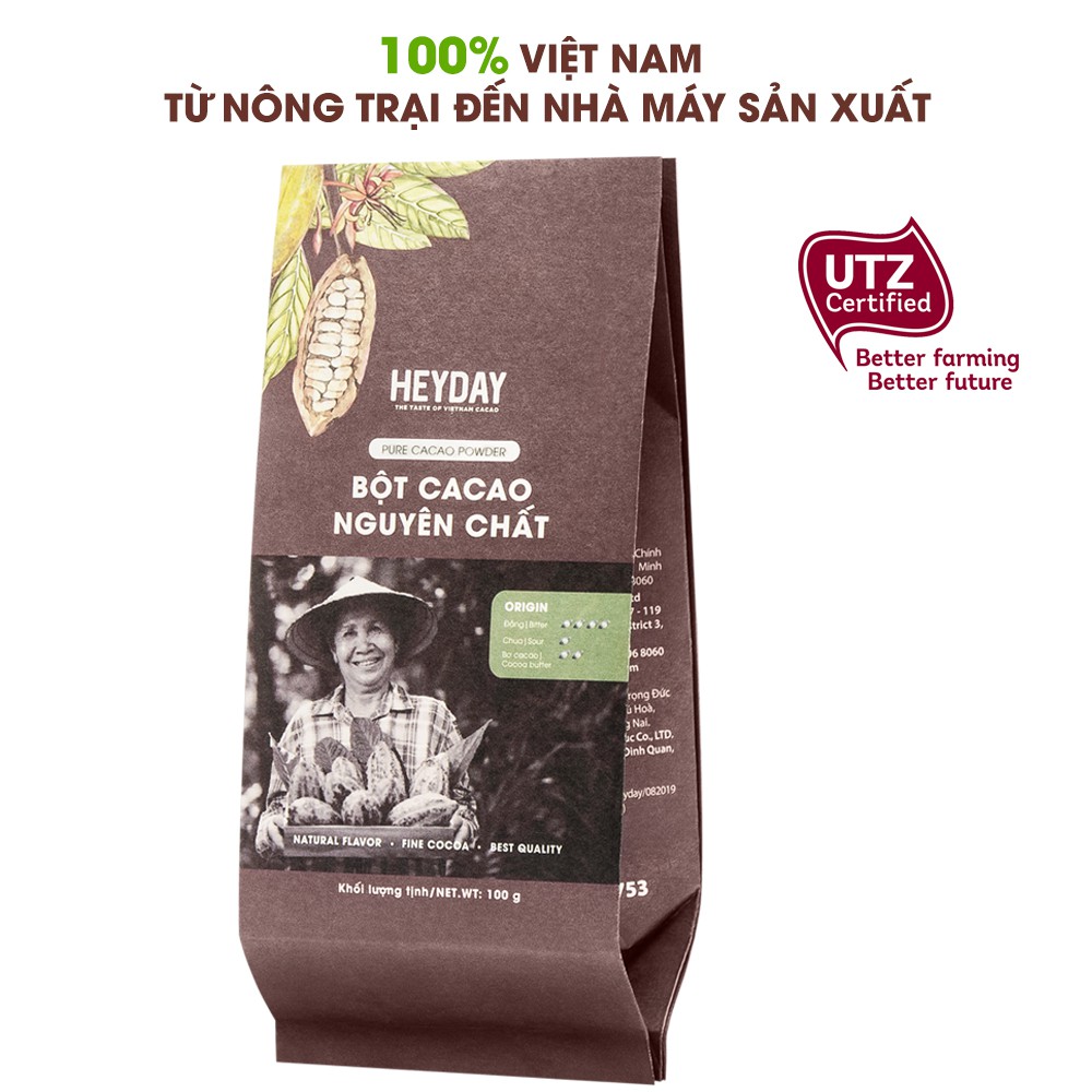 Bột cacao nguyên chất 100% không đường Heyday - Dòng Origin thượng hạng 100g - Chuẩn UTZ Quốc Tế