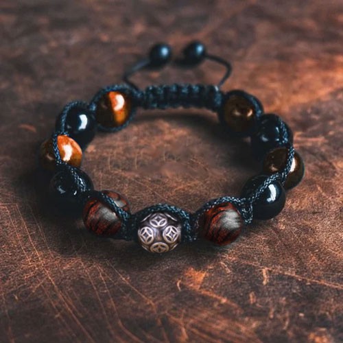 [LẮC TAY/ QUÀ TẶNG] Vòng tay phong thủy thời trang handmade nâu vàng và gỗ sưa bi kim ngân dây đan shamballa phật giáo