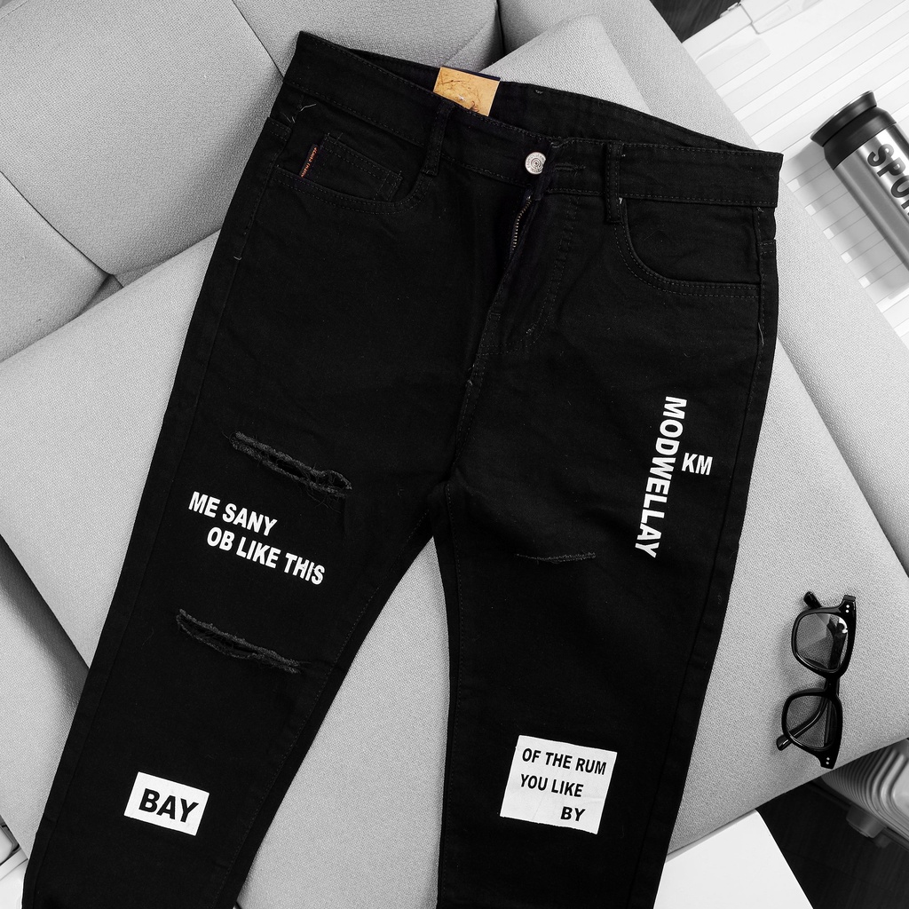 Quần Jean Nam Đen Rách Gối  In Chữ Cực Chất Phong Cách Thời Trang Trẻ Chất Jean Hàn Co Dãn 4 Chiều Cao Cấp HOT