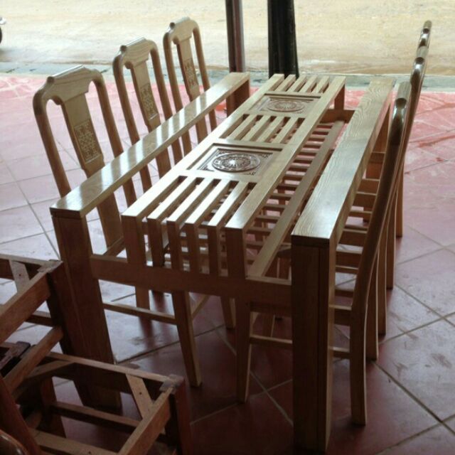 Bàn ăn 6 ghế gỗ sồi  bao gồm kính