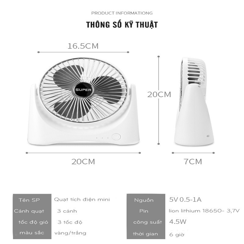 Quạt Để Bàn Sạc Tích Điện Super Fan, 3 Chế Độ Mát, Để Bàn Làm Việc, Ô Tô...Siêu Tiện Lợi Cho Mùa Hè Nóng Nực