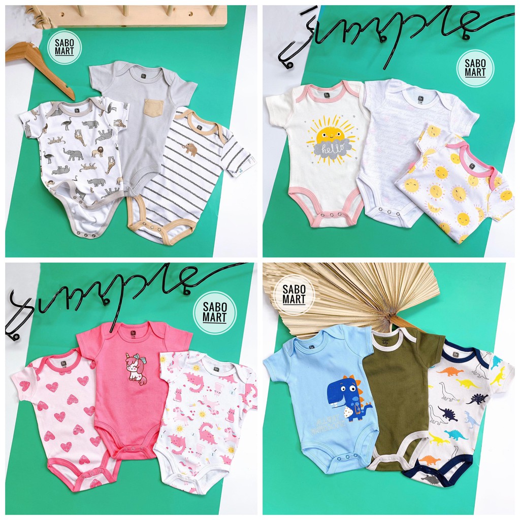 (CHỌN MẪU) Set 3 Bodysuit Body Chip Cộc Tay Kèm Móc Hàng VN Xuất Dư Cho Bé Siêu Đẹp