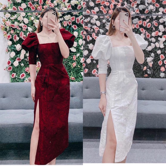 Đầm dự tiệc cổ vuông tay phồng gấm xẻ đùi siêu hot