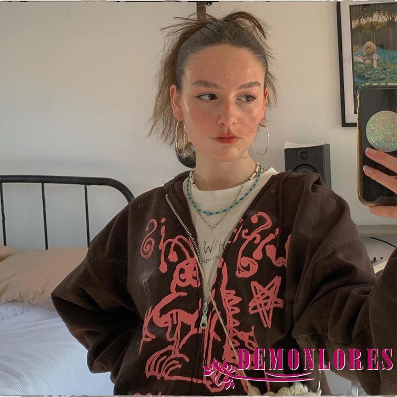 Áo khoác hoodie tay dài in họa tiết graffiti phối khóa kéo sành điệu cho nữ