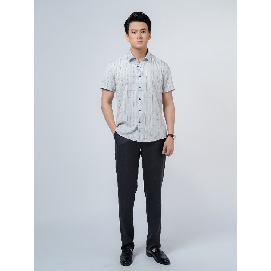 Áo Sơ Mi Nam Ngắn Tay OWEN AR220104NT Somi Công Sở Cao Cấp Màu Kẻ Caro Ghi Xanh Vải Sợi Café Dáng Suông Tà Lượn Có Túi