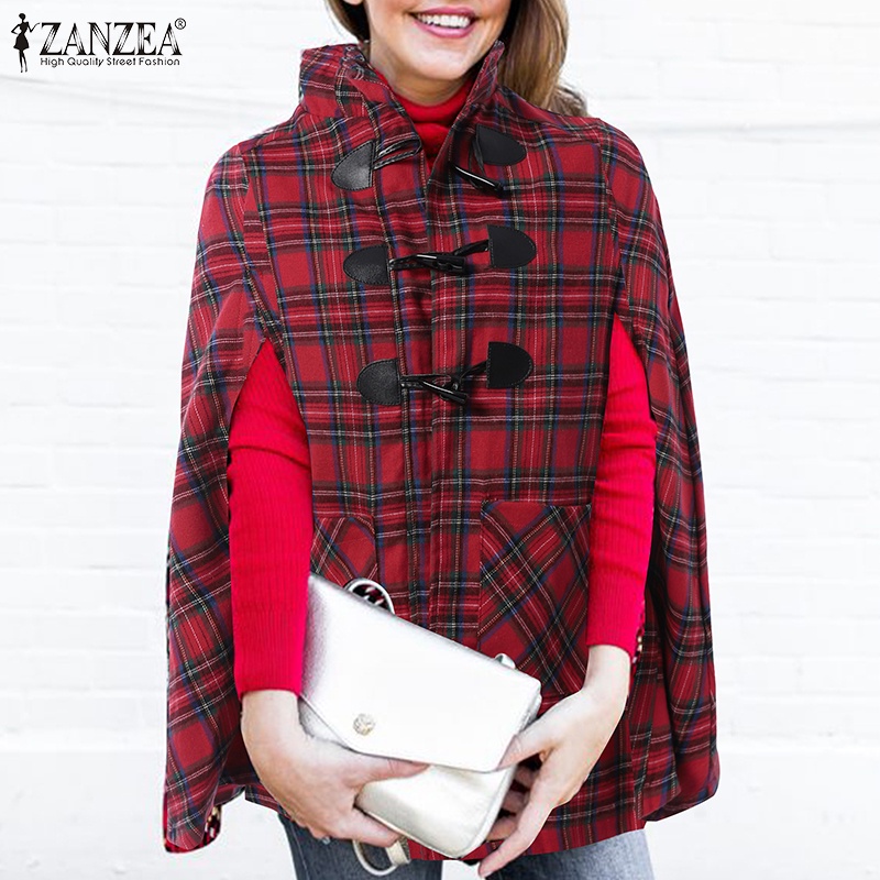 Áo choàng poncho ZANZEA cổ đứng không tay họa tiết caro dáng rộng thời trang dành cho nữ 
 | BigBuy360 - bigbuy360.vn