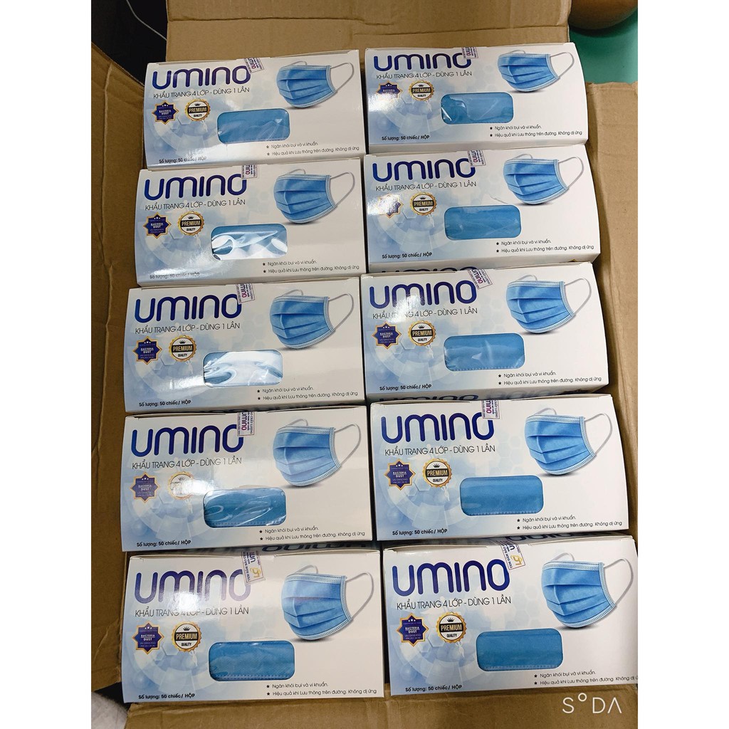 Khẩu trang y tế màu trắng 4 lớp kháng khuẩn hộp 50 cái UMINO