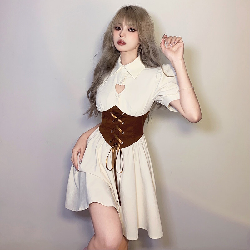 Kliou 2023 new Đầm Chữ A Ngắn Tay Cổ Polo Thắt Dây Eo Phong Cách Pháp Cổ Điển Dành Cho Nữ