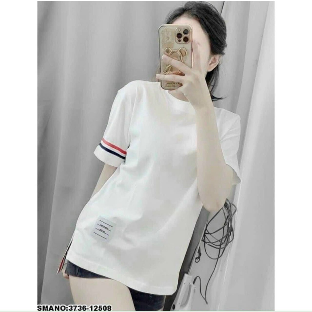 áo phông nam nữ thom browne phối sọc tay đơn giản