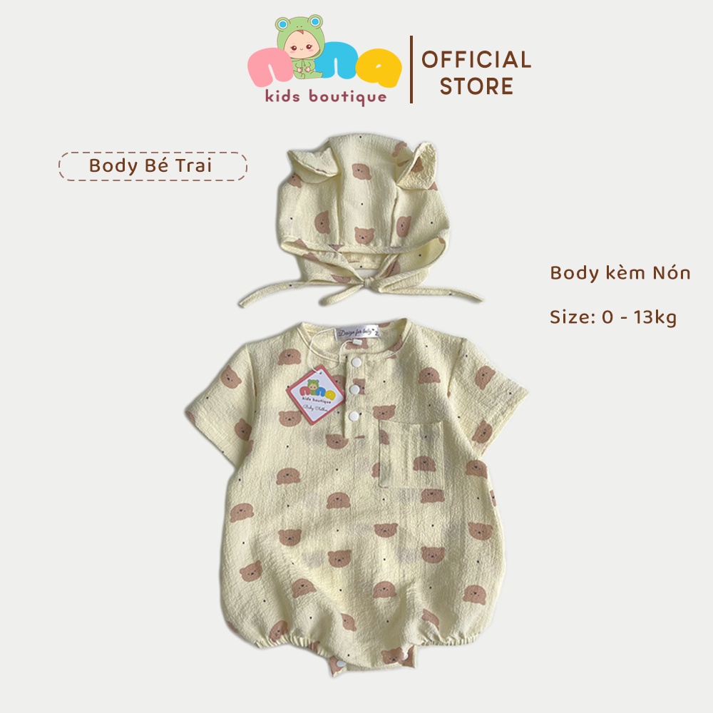 Set body sinh đôi cho bé trai bé gái Nina Kids Boutique Body cộc tay hình gấu Size 0m 24m Kèm mũ