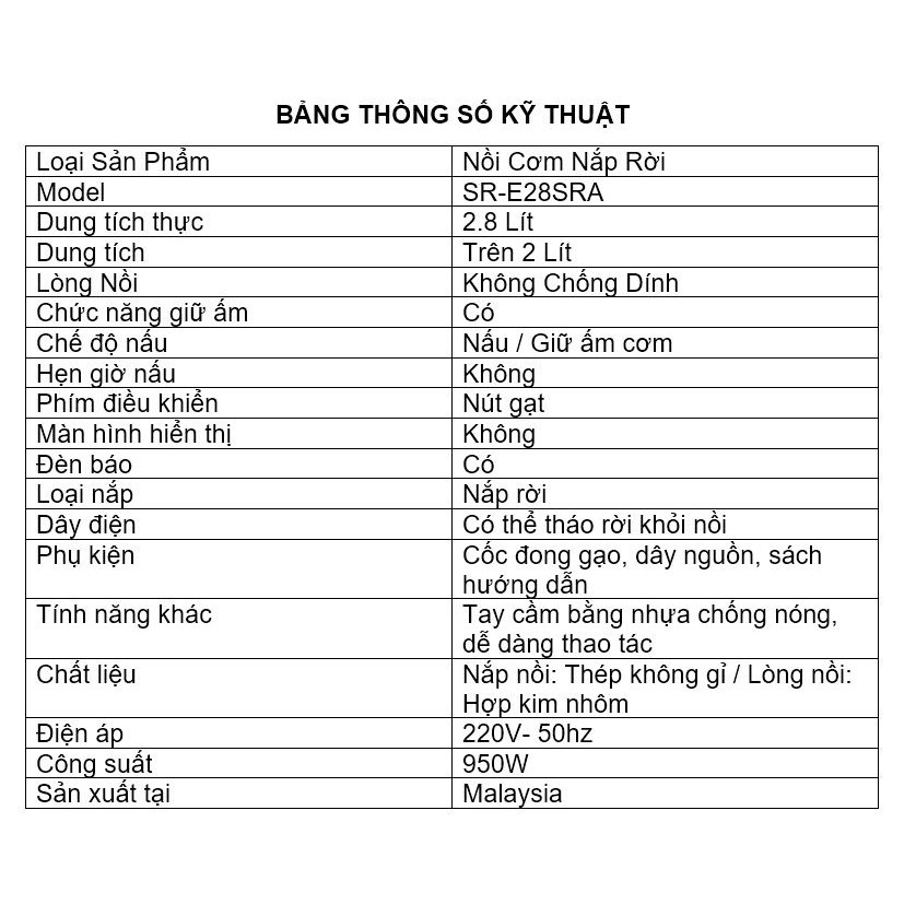 Nồi Cơm Điện Panasonic SR-E28SRA - Bảo Hành 12 Tháng - Hàng Chính Hãng