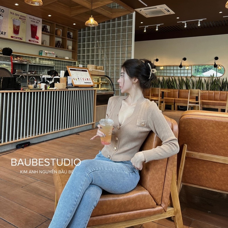 Áo Len Cổ V Khuy Đồng Dài Tay B100