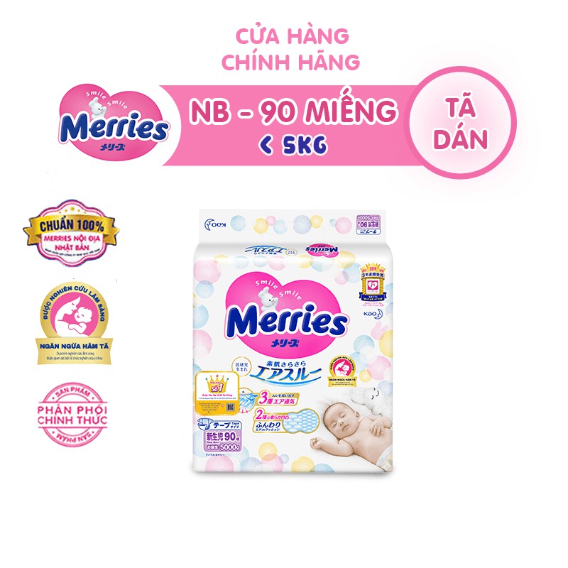 Tã/bỉm dán Merries size NB - 90 miếng (Cho bé dưới 5kg)