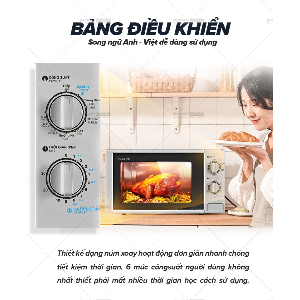 [Mã ELBAU10 giảm 10% đơn 500K]Lò vi sóng có nướng Sharp R-G228VN-SL - 20L - Hàng Chính Hãng