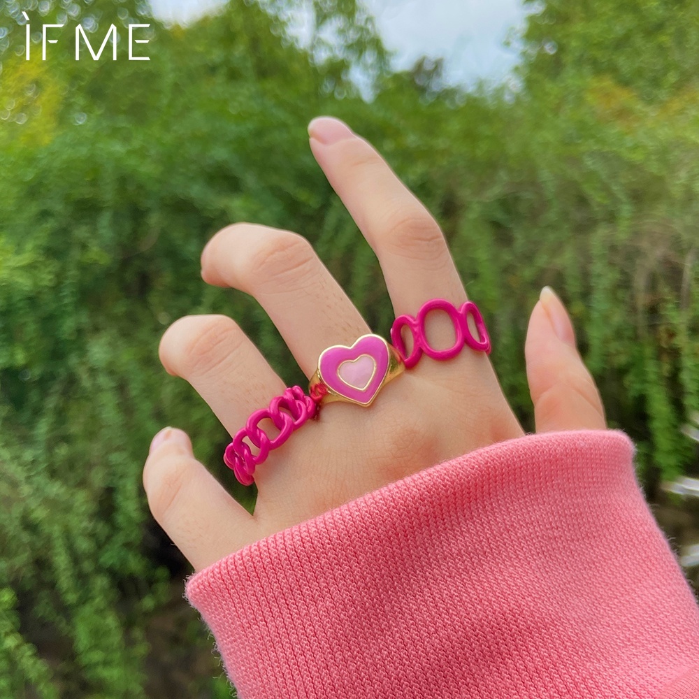 IF ME Set 3 nhẫn hình học màu hồng thời trang có thể điều chỉnh cho nữ