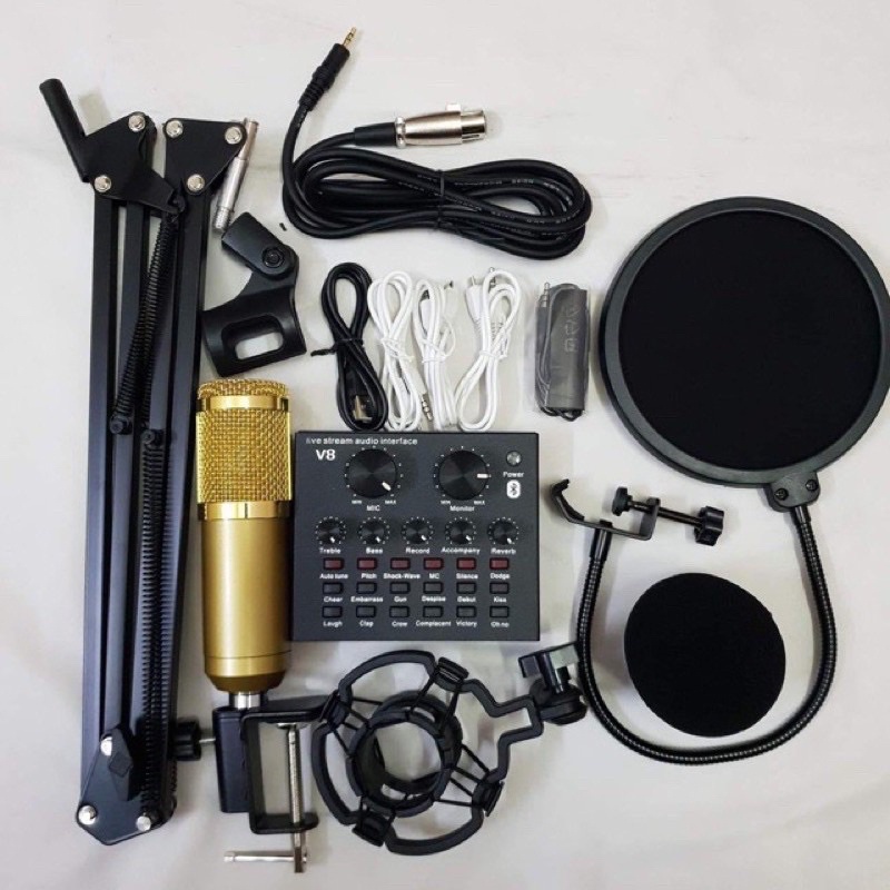 Combo bộ livestream thu âm,suond card v8, mic woaichang bm900,chân kẹp,màng lọc,tặng tai nghe