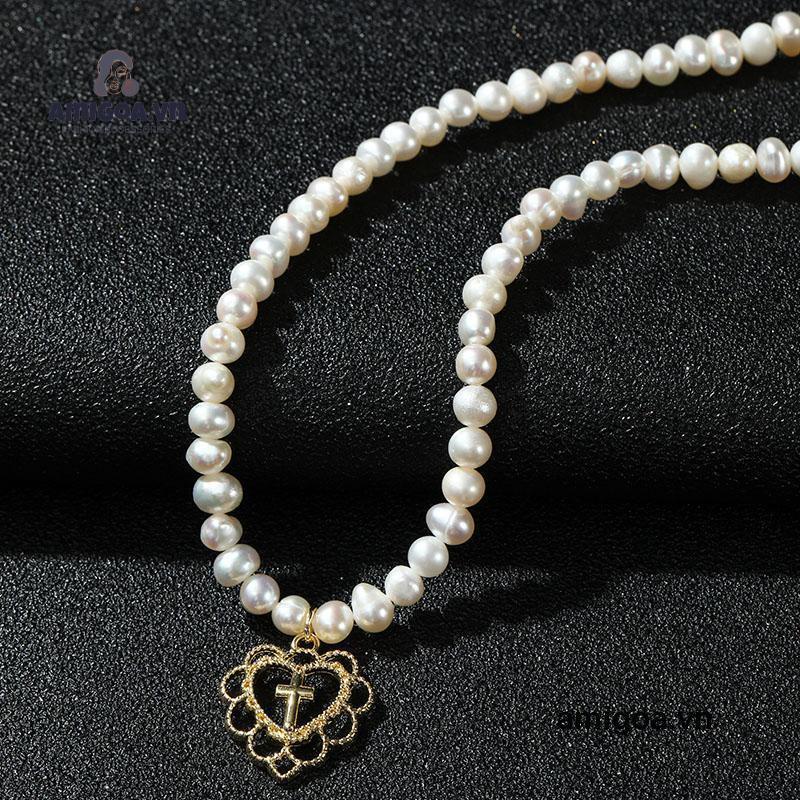 ✨✨Vòng cổ chuỗi hạt ngọc trai giả mặt dây hình trái tim đính đá giả thời trang sang trọng cho nữ