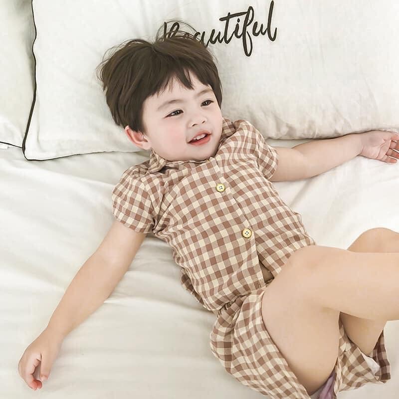 Bộ Pijama, Bộ Kẻ Caro Cộc Tay, Phong Cách Hàn Quốc, [Xanh Dương, Đen, Nâu] Cho Bé Size Từ 10-25kg