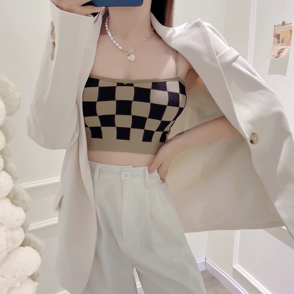 Áo hai dây IELGY ôm ngực kẻ sọc caro