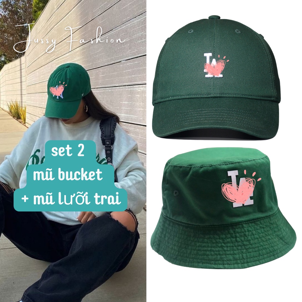 Set 2 Mũ Lưỡi Trai Và Mũ Bucket L/a Màu Xanh Lá Hot Trend 2022 Vải Cotton Full Tem Mạc Hàng Chuẩn Đẹp
