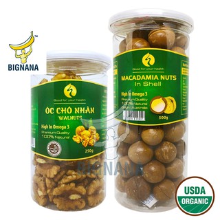 Combo Hạt Macca Úc Nứt Vỏ 500gr, Nhân Óc Chó Vàng Mỹ Hộp 250gr, Hạt Mắc Ca Khứa Vỏ Ngừa Ung Thư